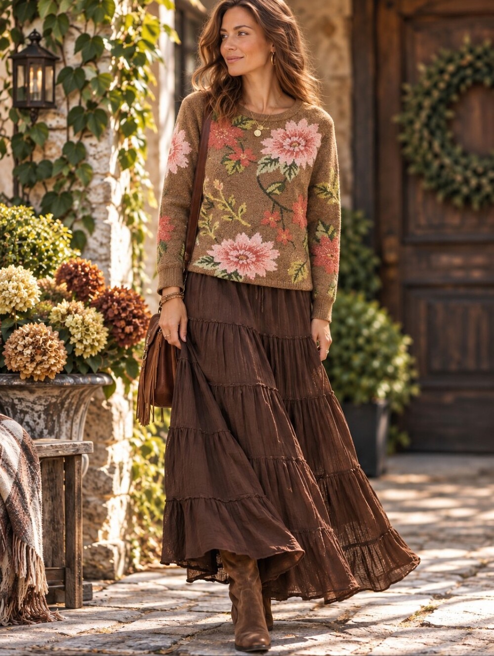 Talbots Floral Botanical Knit Sweater Brown Pink Cottagecore Size M